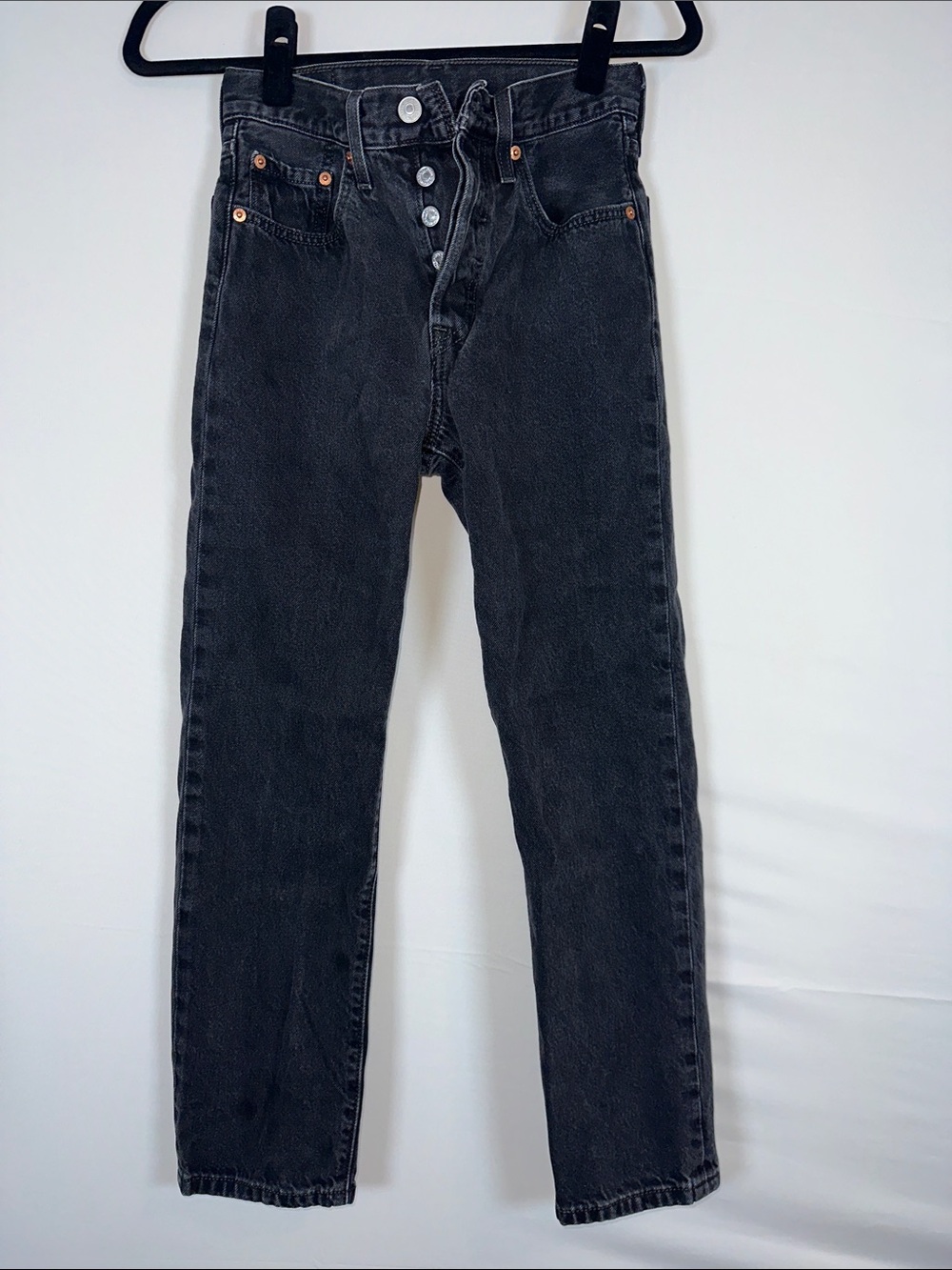 Levi's 501 High Rise Jeans 24 Black Wash Button Fly Straight Leg Denim